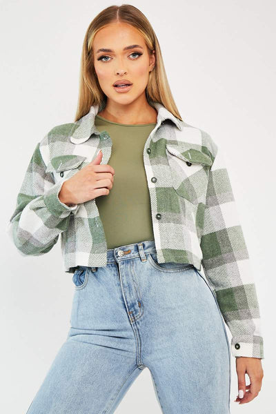Green Brushed Checked Cropped Shacket - Carina – Rebellious Fashion