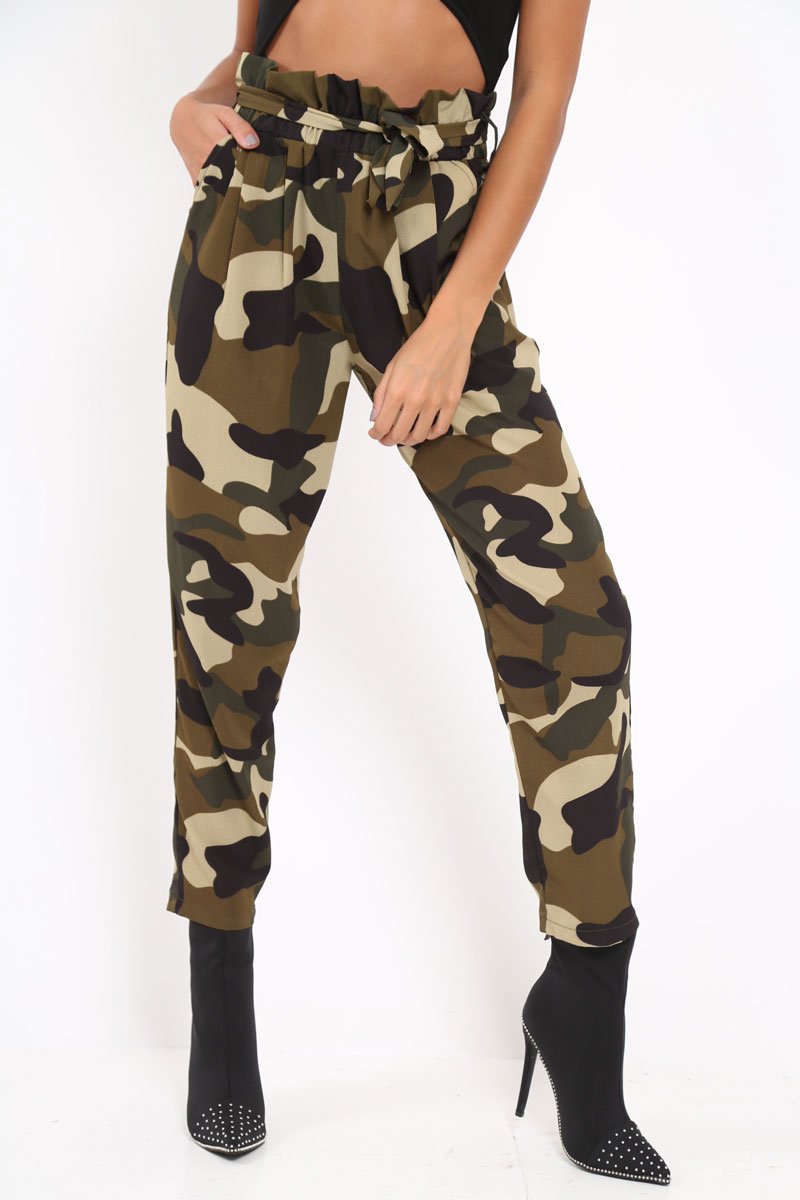 Green Camo Paper Bag Tie Waist Trousers - Ryana-Trousers
