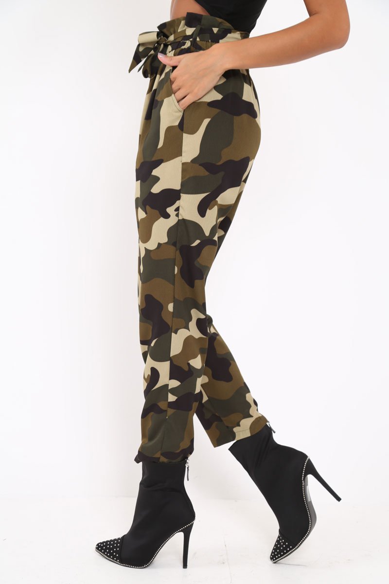 Green Camo Paper Bag Tie Waist Trousers - Ryana-Trousers