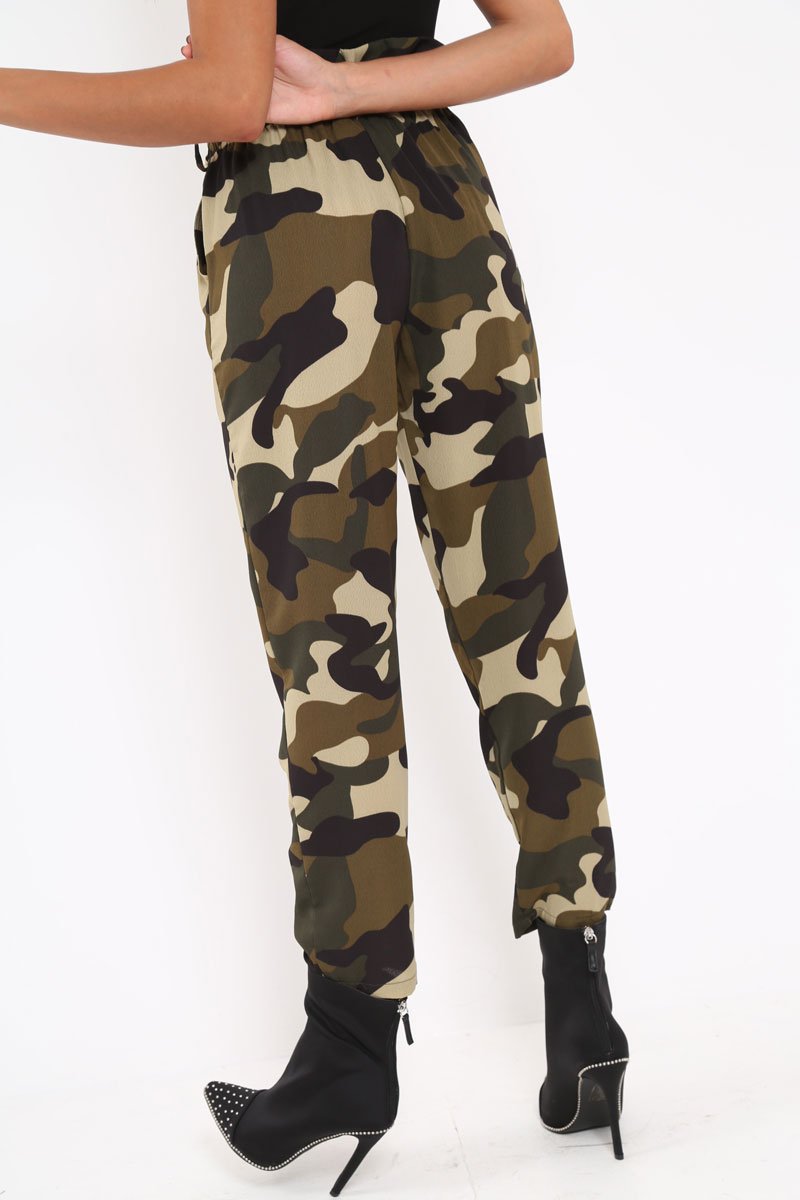 Green Camo Paper Bag Tie Waist Trousers - Ryana-Trousers