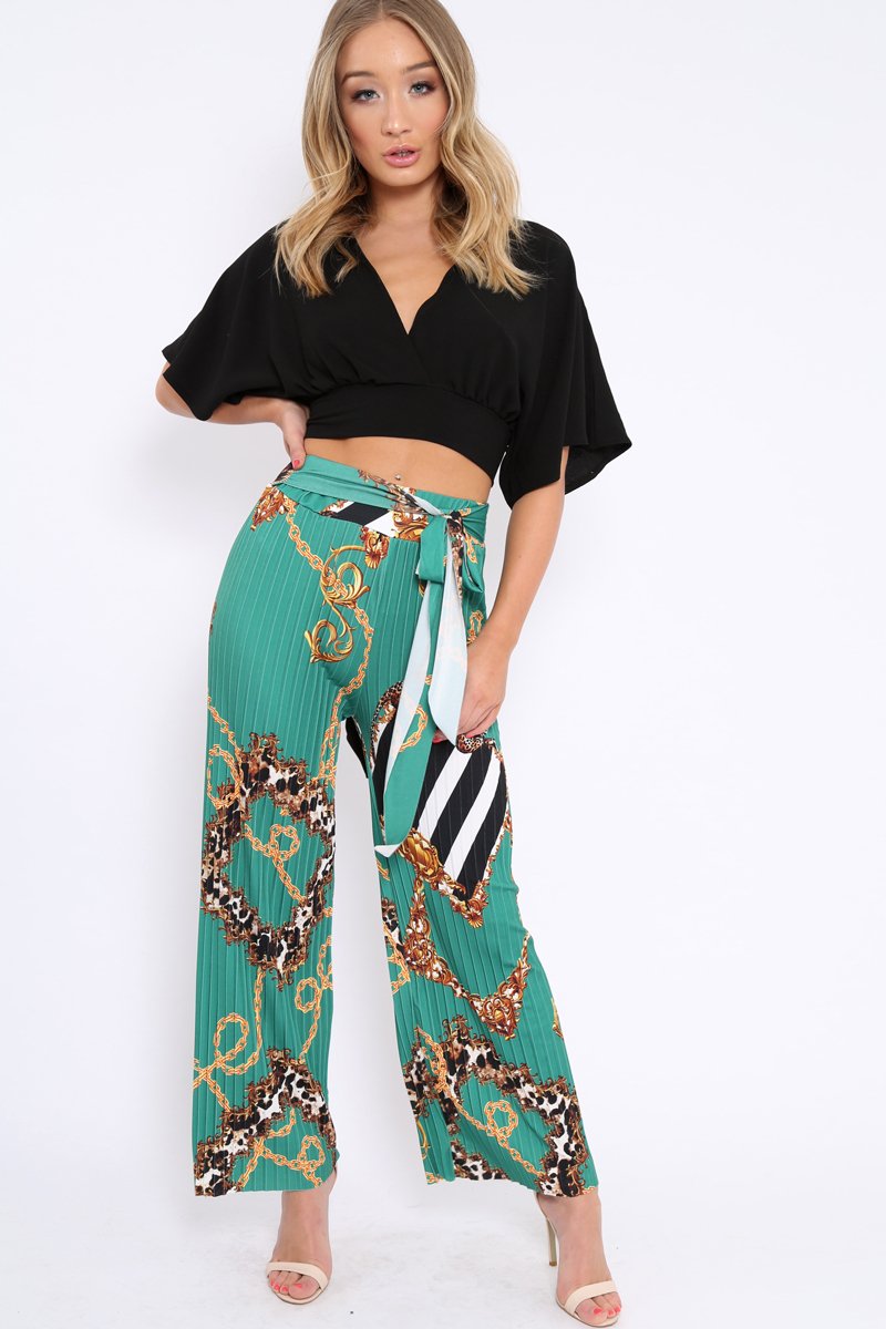 Green Chain Pleated Wide Leg Trousers - Neola-Trousers