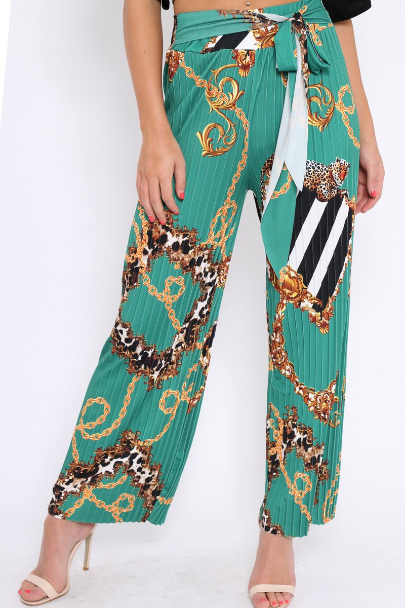 Green Chain Pleated Wide Leg Trousers - Neola-Trousers