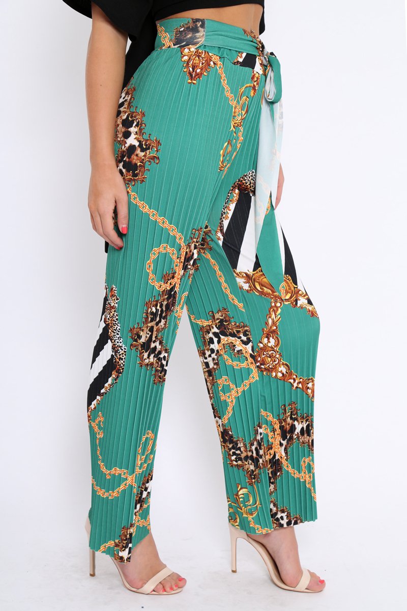 Green Chain Pleated Wide Leg Trousers - Neola-Trousers