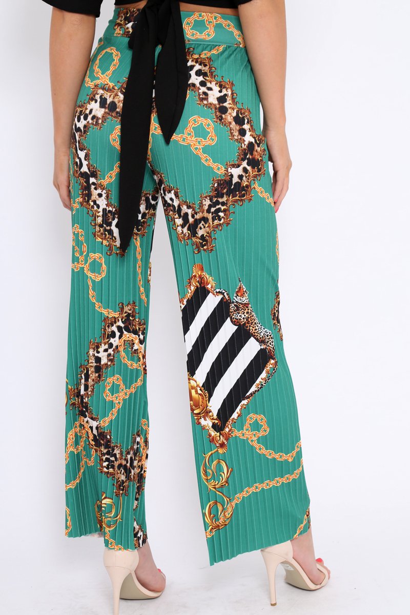 Green Chain Pleated Wide Leg Trousers - Neola-Trousers