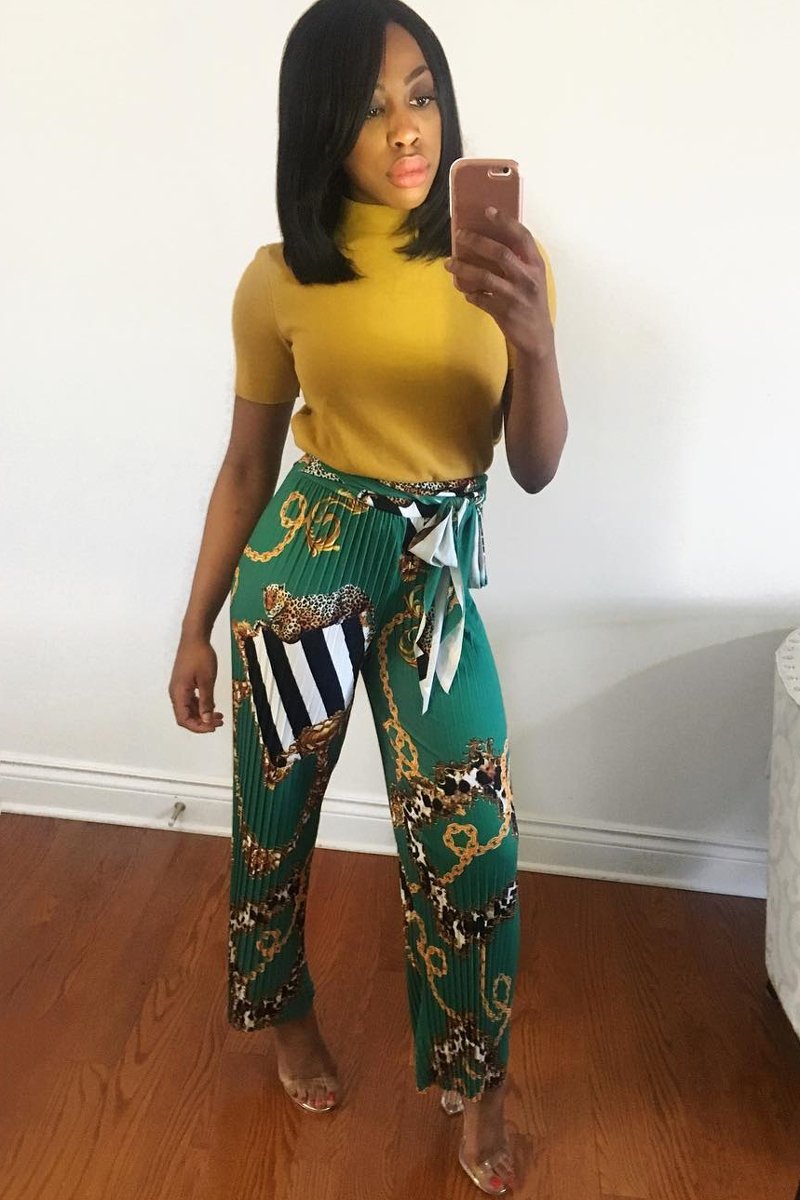 Green Chain Pleated Wide Leg Trousers - Neola-Trousers