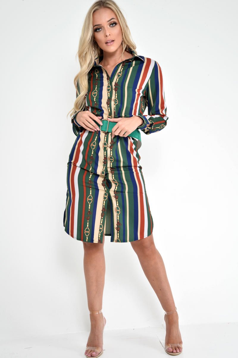 Green Chain Print Shirt Dress - Cabela-Dresses