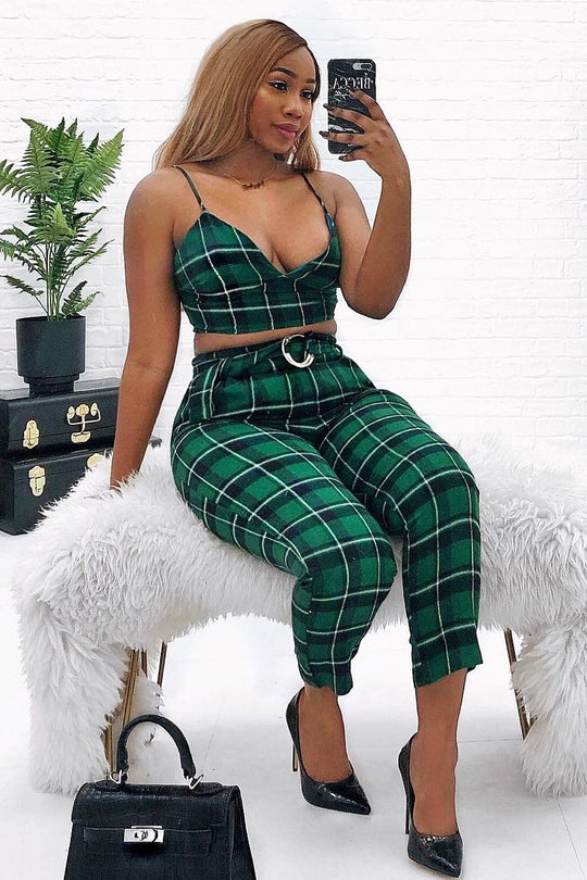 Green Check Bralet And Belted Trouser Co-ord - Brilyn