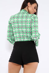 Green Check Plunge Front Flare Sleeve Bodysuit - Madianna-Bodysuits
