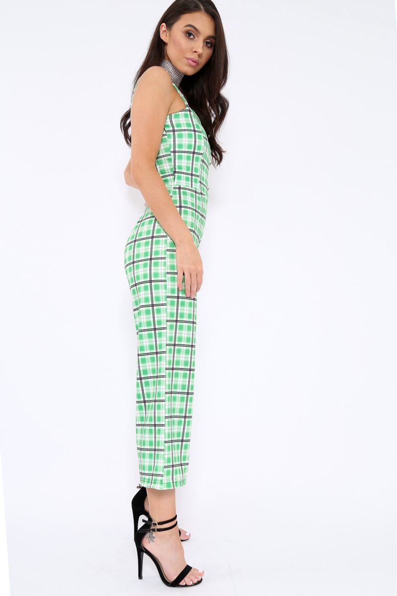 Green Check Silver Button Detail Jumpsuit - Lavaeh-Jumpsuits