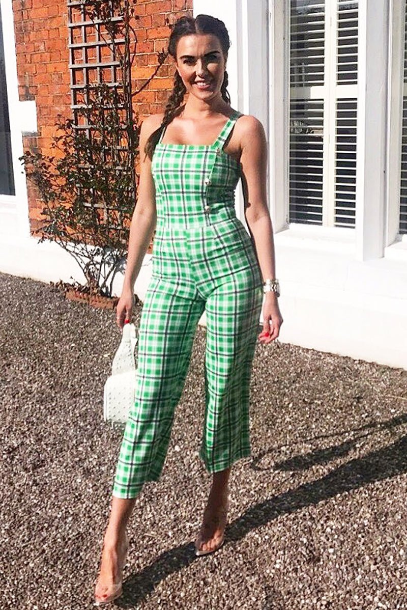 Green Check Silver Button Detail Jumpsuit - Lavaeh-Jumpsuits