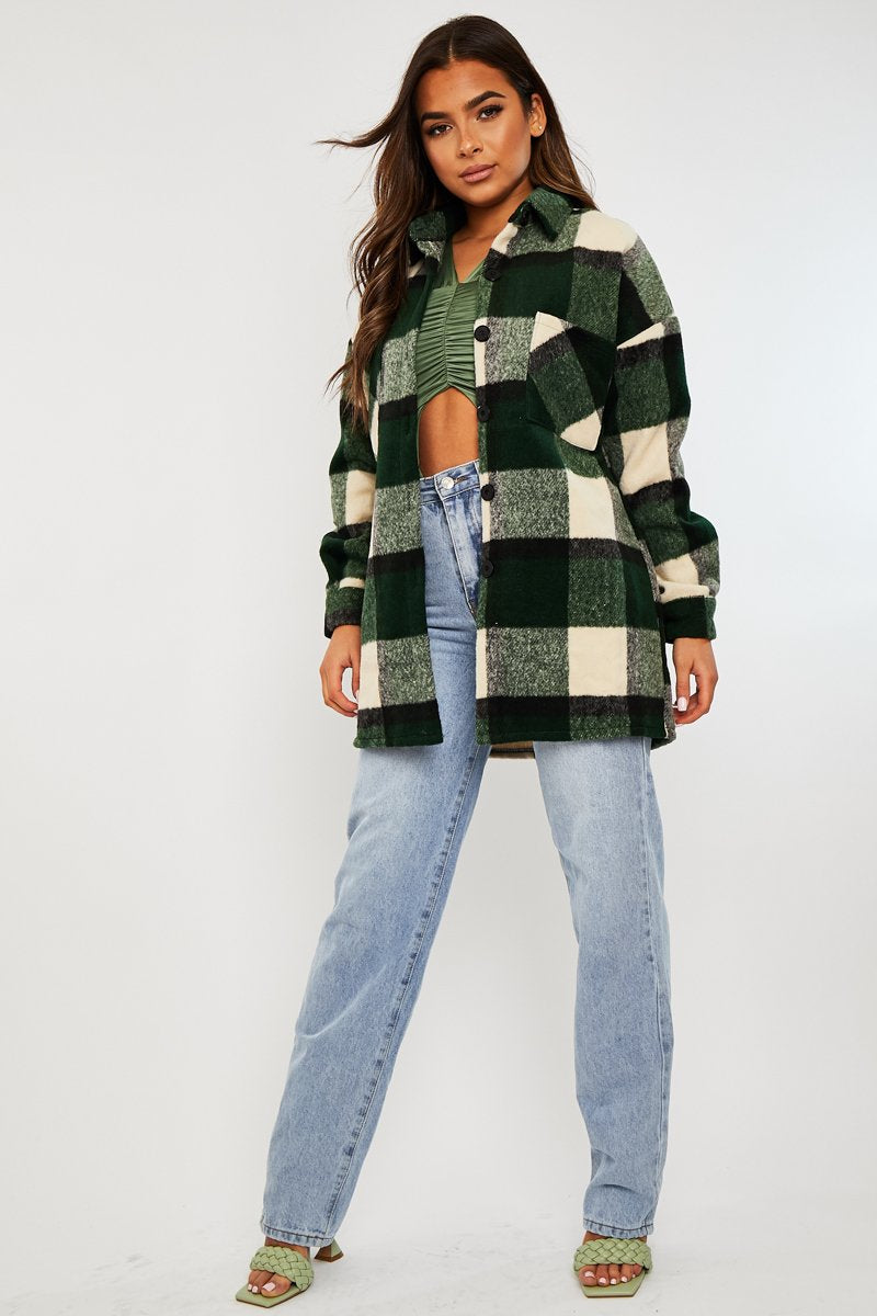 Green Checked Wool Blend Oversized Shacket - Ronni-Shacket