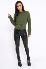 Green Chunky Knit Corset Waist Knitted Jumper - Nara-Jumper