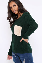Green Chunky Knit Fur Pocket Jumper - Alois-Knitwear