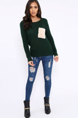 Green Chunky Knit Fur Pocket Jumper - Alois-Knitwear