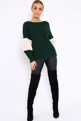 Green Chunky Knit Fur Sleeve Jumper - Kimberly-Knitwear