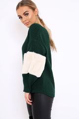 Green Chunky Knit Fur Sleeve Jumper - Kimberly-Knitwear