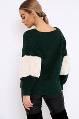 Green Chunky Knit Fur Sleeve Jumper - Kimberly-Knitwear