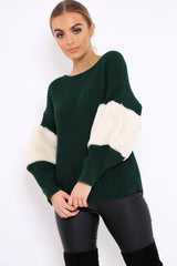 Green Chunky Knit Fur Sleeve Jumper - Kimberly-Knitwear