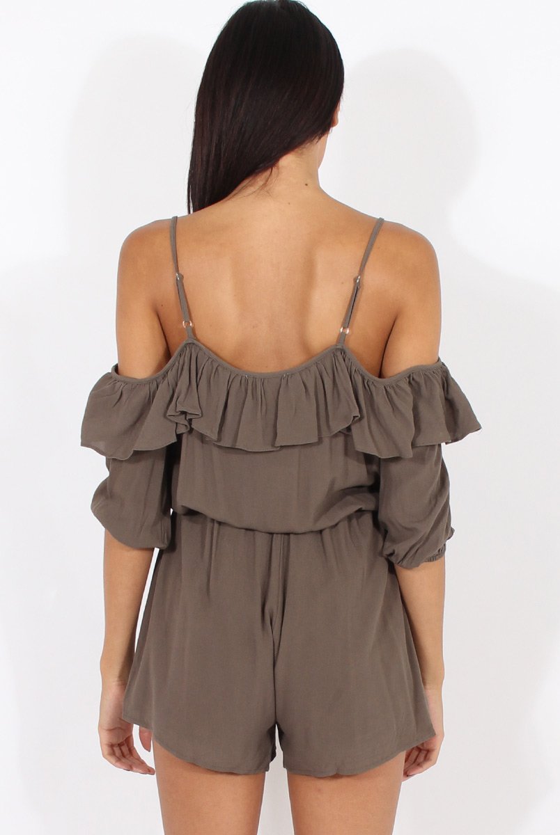 Green Cold Shoulder Frill Layer Playsuit - Diana-Playsuits