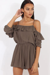 Green Cold Shoulder Frill Layer Playsuit - Diana-Playsuits