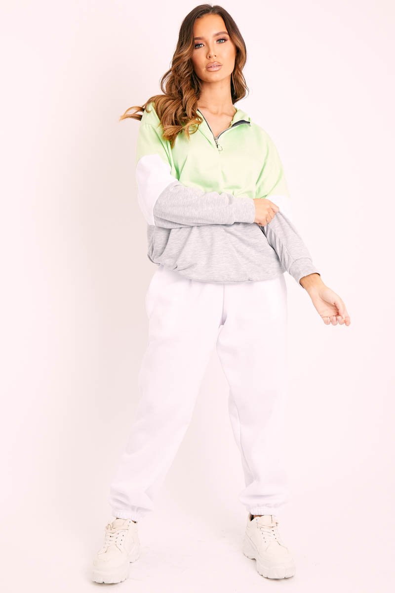 Green Colour Block 3/4 Zip Hoodie - Carlie-Hoodies