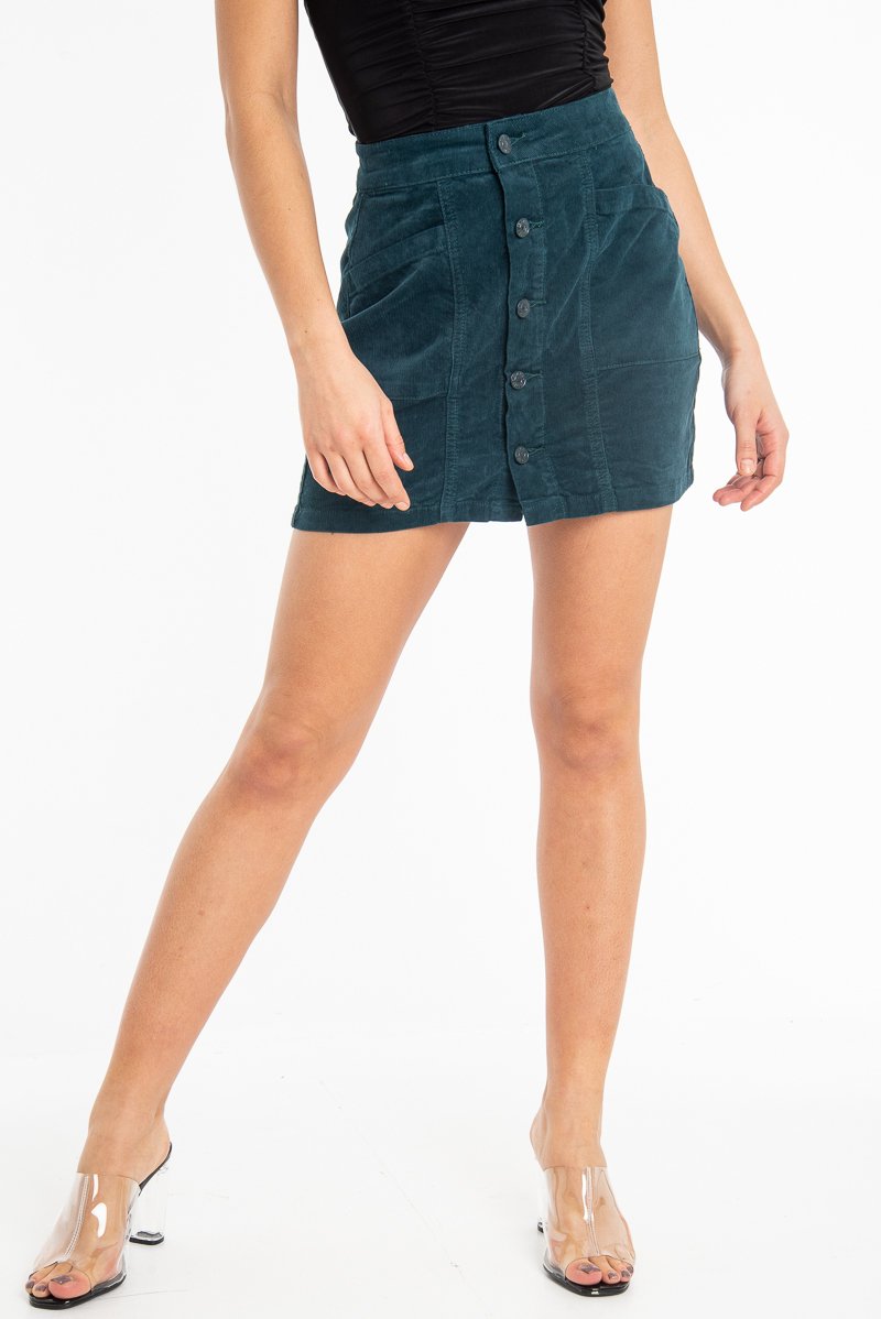 Green Corduroy Button Front Mini Skirt - Vicky-Skirts