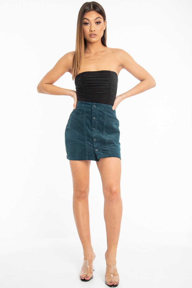 Green Corduroy Button Front Mini Skirt - Vicky-Skirts