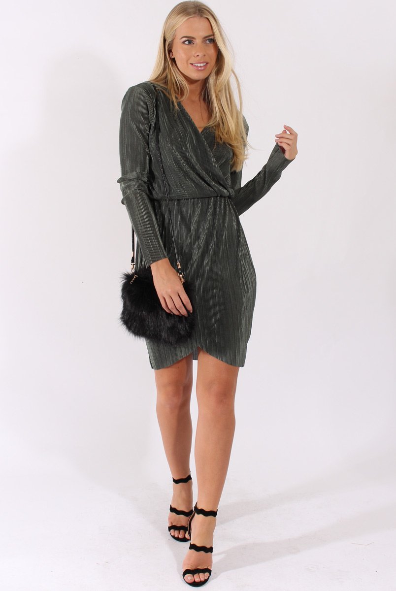 Green Cross Over Pleated Dress - Blossom-Dresses
