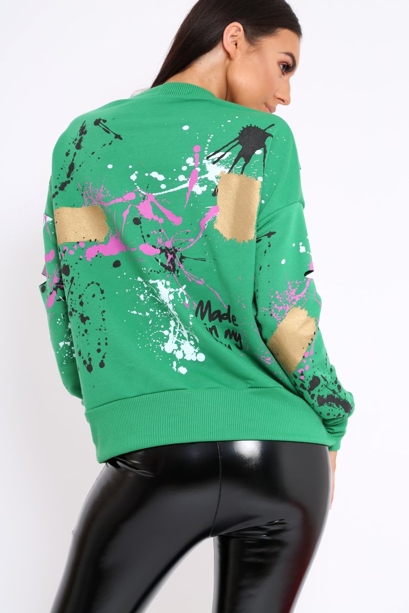 Green Distressed Paint Splatter Jumper - Mina-Jumper