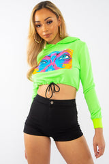 Green Elasticated Cropped Hoodie with Graphic Print - Montanna-Hoodies
