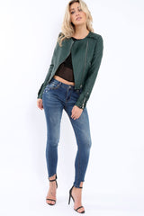 Green Faux Leather Biker Jacket - Colleen-Jackets