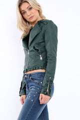 Green Faux Leather Biker Jacket - Colleen-Jackets