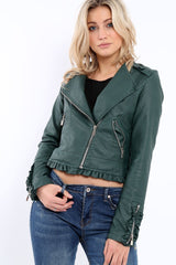 Green Faux Leather Biker Jacket - Colleen-Jackets