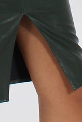 Green Faux Leather Split Hem Midi Skirt - Kendra-Skirts