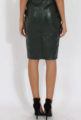 Green Faux Leather Split Hem Midi Skirt - Kendra-Skirts