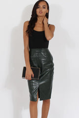 Green Faux Leather Split Hem Midi Skirt - Kendra-Skirts