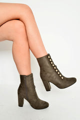 Green Faux Suede Button Detail Ankle Boots - Hadlyn-Boots