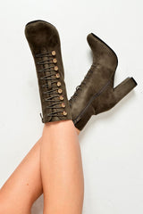 Green Faux Suede Button Detail Ankle Boots - Hadlyn-Boots