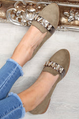 Green Faux Suede Jewel Front Flats - Hadley-Flats