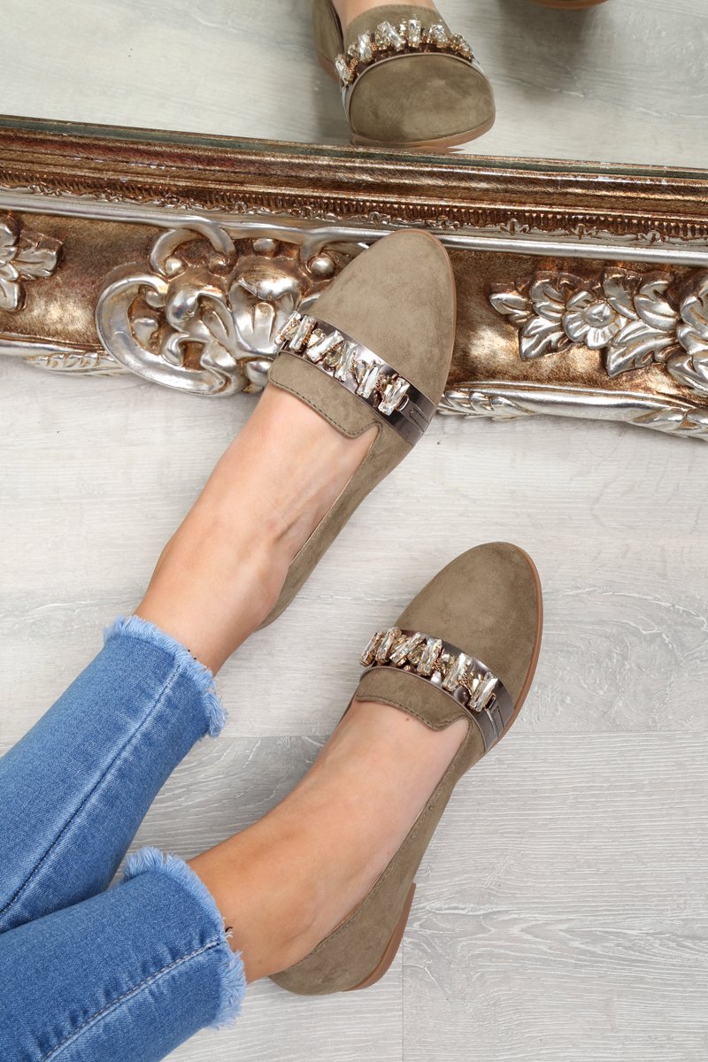 Green Faux Suede Jewel Front Flats - Hadley-Flats