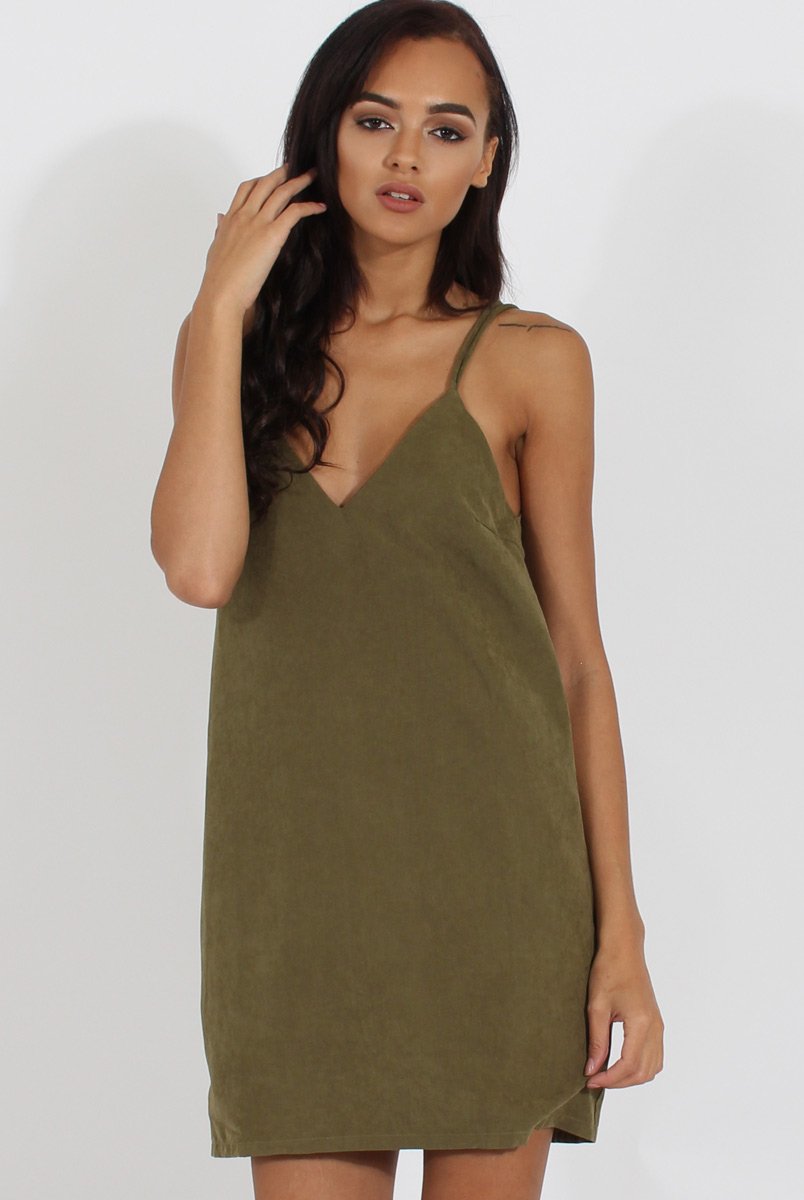 Green Faux Suede Strappy Back Slip Dress - Sylvie-Dresses