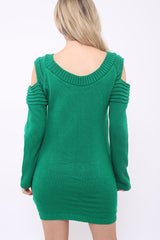 Green Festive Deer Cold Shouldered Jumper Dress - Catarina-Dresses