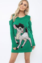 Green Festive Deer Cold Shouldered Jumper Dress - Catarina-Dresses