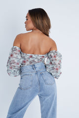 Green Floral Bardot Off The Shoulder Mesh Bodysuit - Hayle-Bodysuits