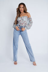 Green Floral Bardot Off The Shoulder Mesh Bodysuit - Hayle-Bodysuits