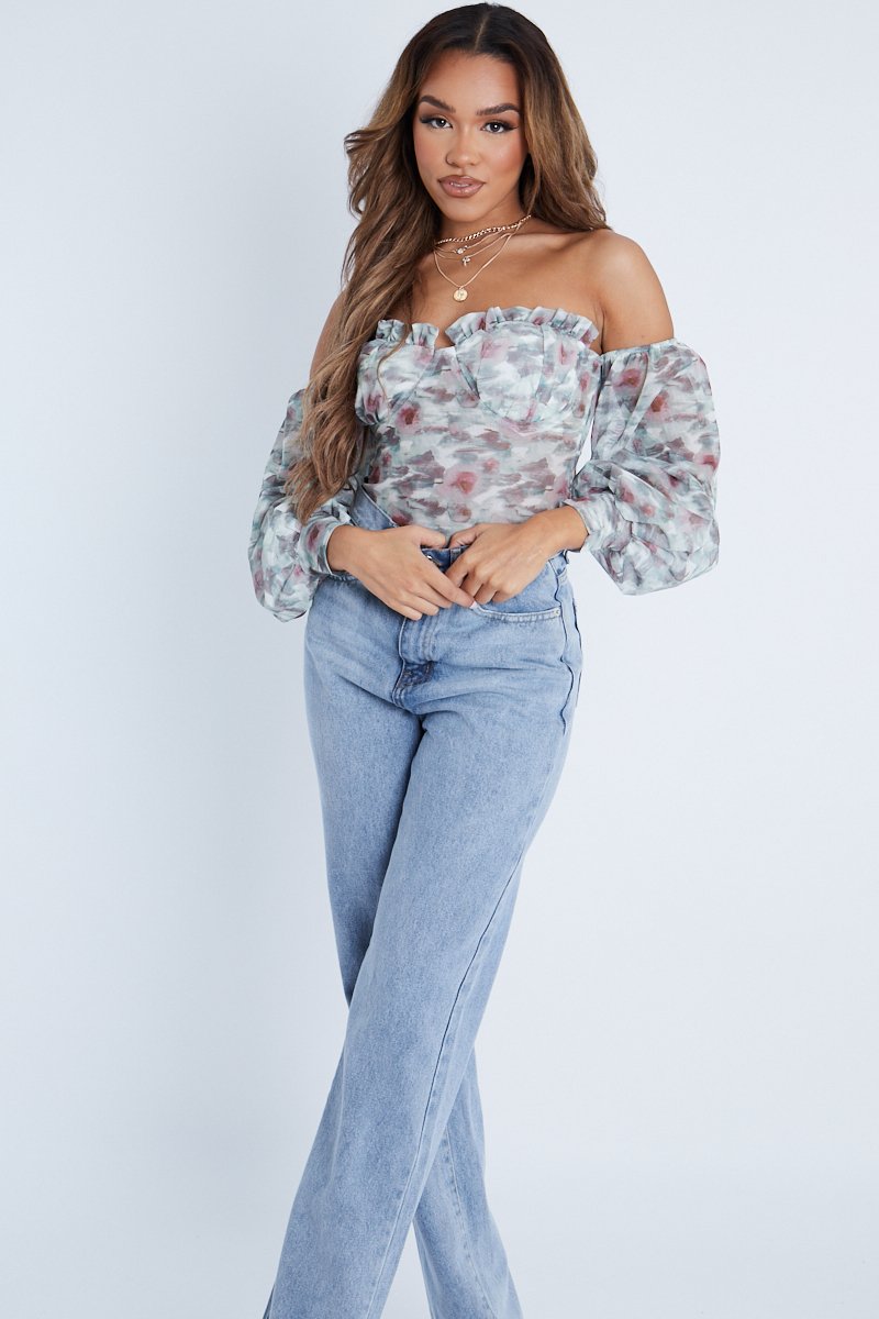 Green Floral Bardot Off The Shoulder Mesh Bodysuit - Hayle-Bodysuits