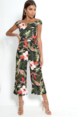 Green Floral Belted Culotte Jumpsuit - Nayali-Jumpsuits