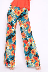 Green Floral High Waist Flare Trousers - Tisha-Trousers