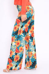 Green Floral High Waist Flare Trousers - Tisha-Trousers