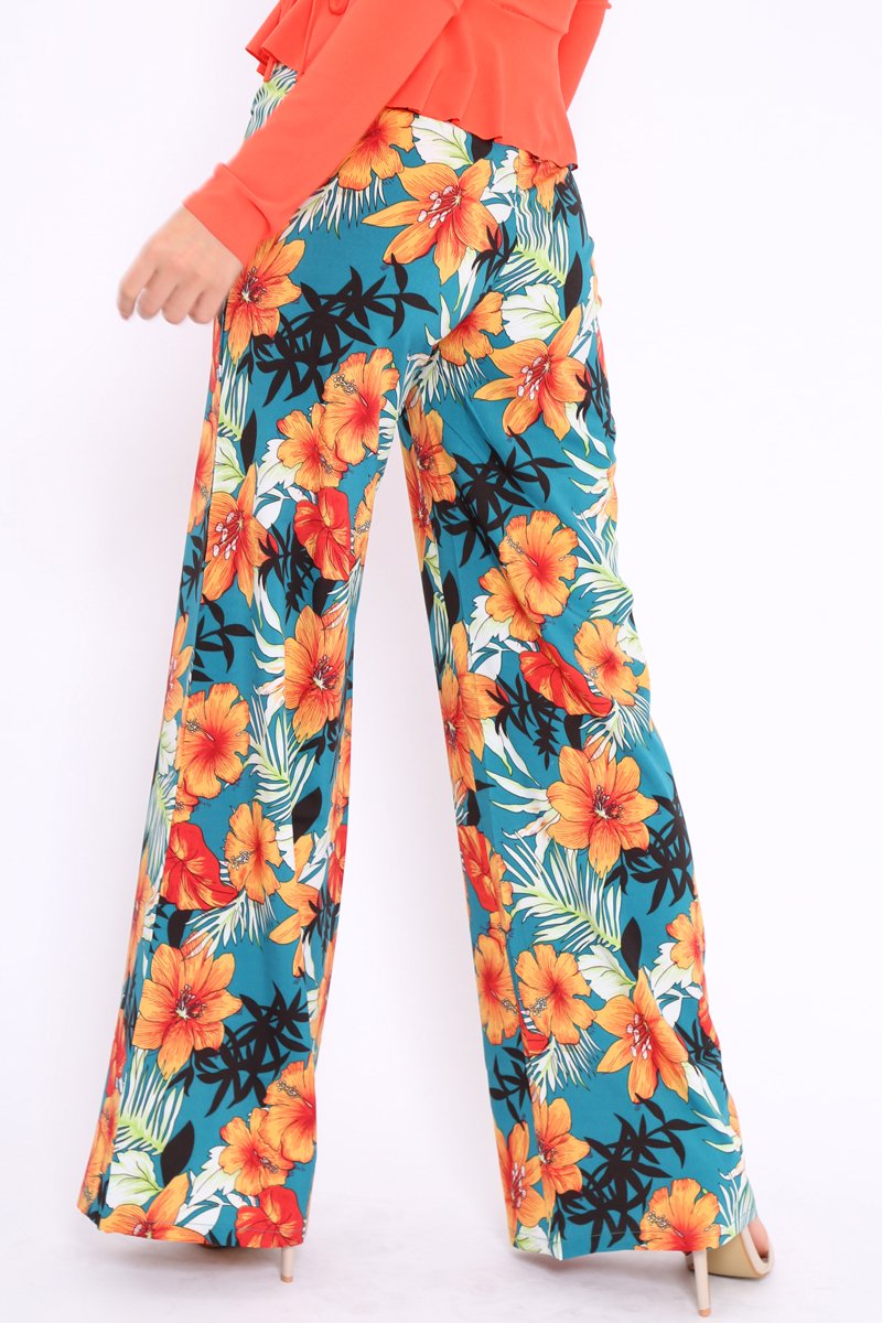 Green Floral High Waist Flare Trousers - Tisha-Trousers